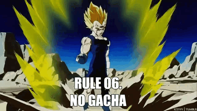 a cartoon character says rule 06 no gacha in front of a mountain .