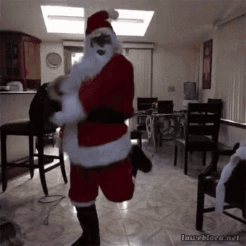 a man dressed as santa claus is dancing in a living room with a dog .