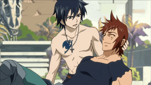 a man with a fairy tail tattoo on his chest is holding another man