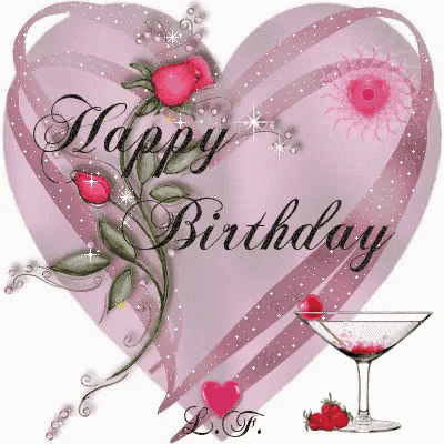 a pink heart with flowers and a martini glass with strawberries on it is a happy birthday card .