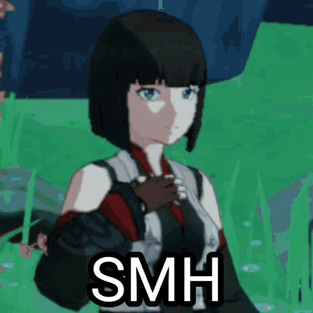 a girl in a video game has the word smh written on her chest