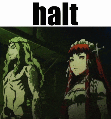 a man and a woman are standing next to each other under the word halt