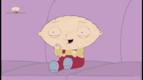a cartoon character is sitting on a purple couch and making a funny face
