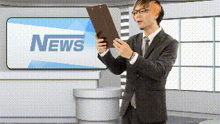 a man is holding a clipboard in front of a news screen .