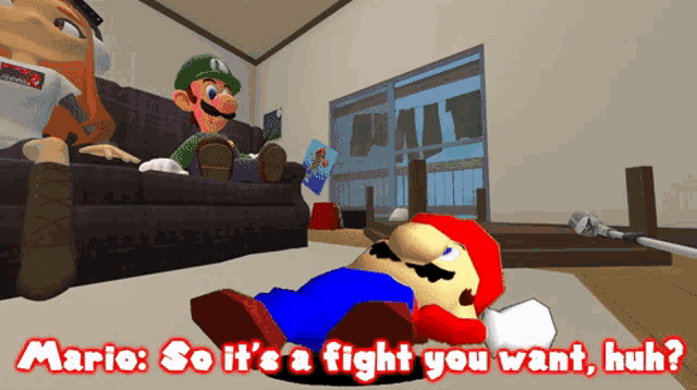 mario is laying on the floor in a living room
