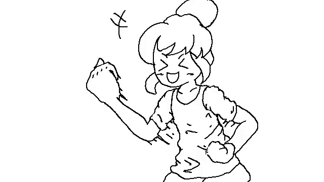 a black and white drawing of a girl with a fist in the air .