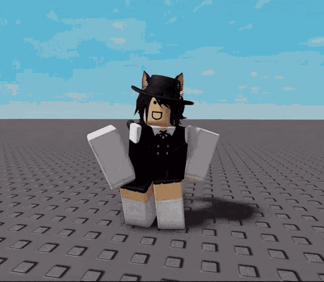 a girl with a cat ear hat is standing on a grid of squares