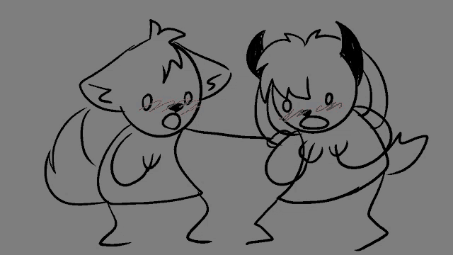 a black and white drawing of a wolf and a demon with red lips