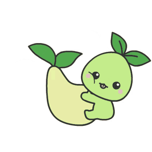 a cartoon drawing of a green pear with leaves on it 's tail