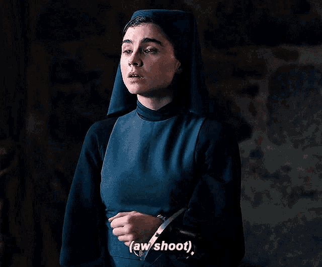a woman in a nun costume is holding a sword and saying " aw shoot "