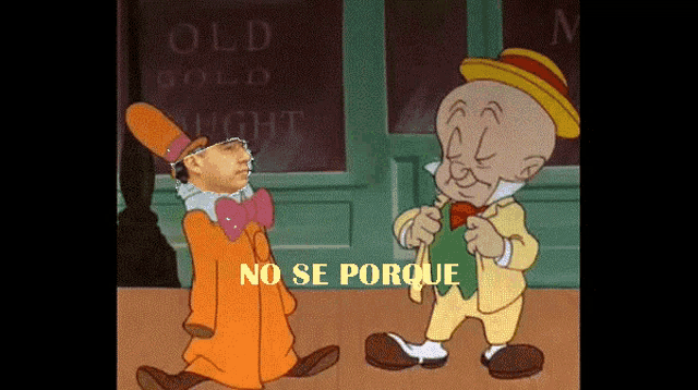 two cartoon characters standing in front of an old gold sign
