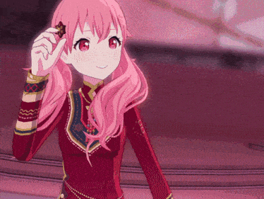 a girl with pink hair is wearing a red shirt