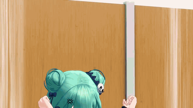 a girl with green hair and a skull on her head is standing in front of a wooden door