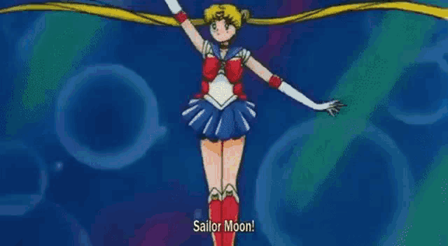 sailor moon is dancing in front of a crescent moon in the night sky .