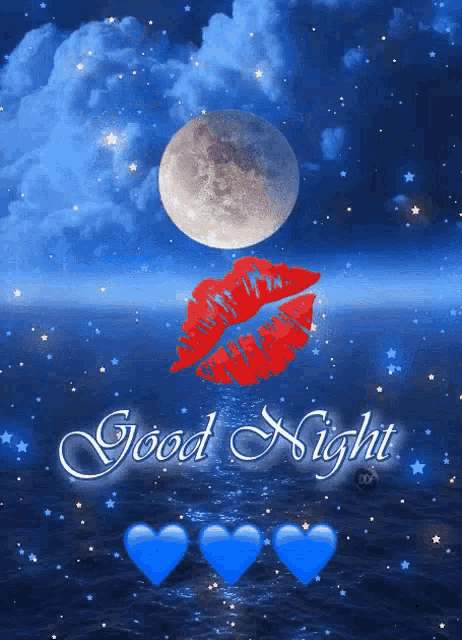 a good night greeting card with a kiss and hearts