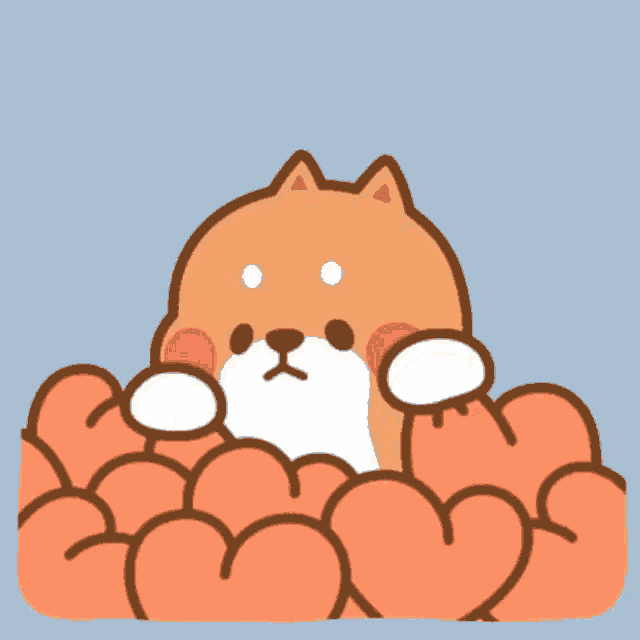 a cartoon dog is laying on a pile of hearts holding hearts in its paws