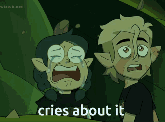 a cartoon of a boy and a girl with the words cries about it