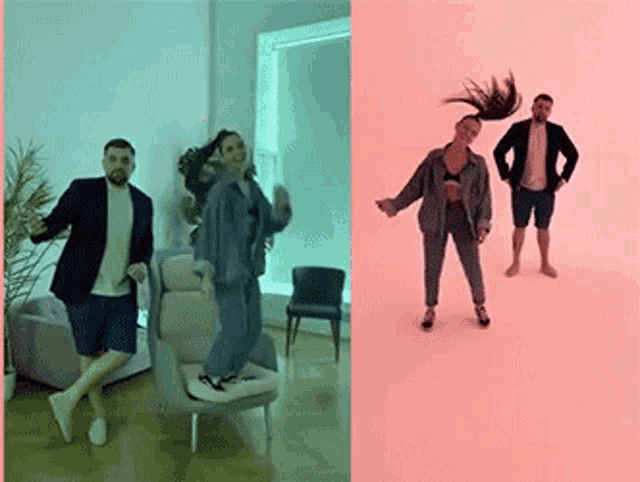 a man and a woman are dancing in a living room next to a pink wall .