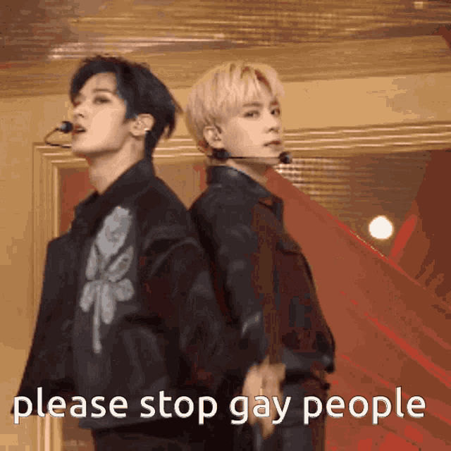 two men are standing next to each other with the words please stop gay people written below them