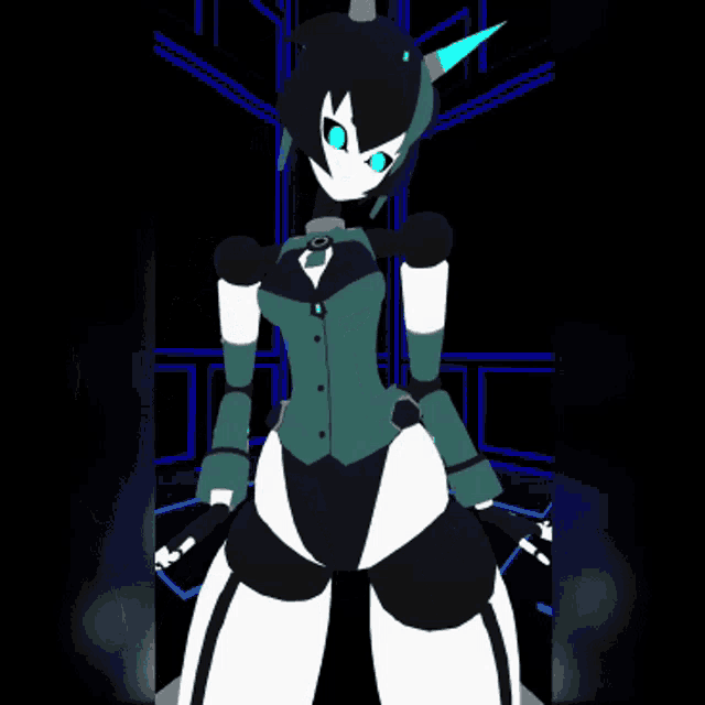 a black and white cartoon character with blue eyes