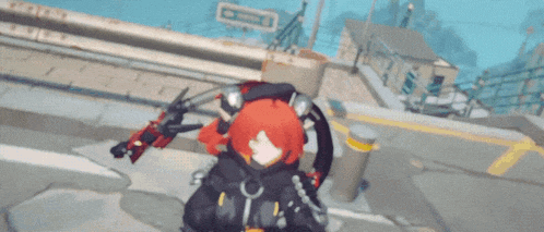 a girl with red hair is holding a gun in a video game scene