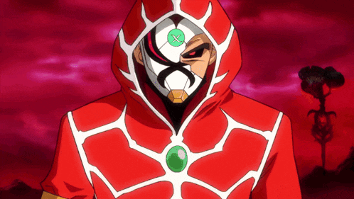 a cartoon character wearing a red and white costume with a green x on his face