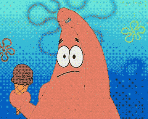 a cartoon of patrick holding an ice cream cone with a zipper on his face
