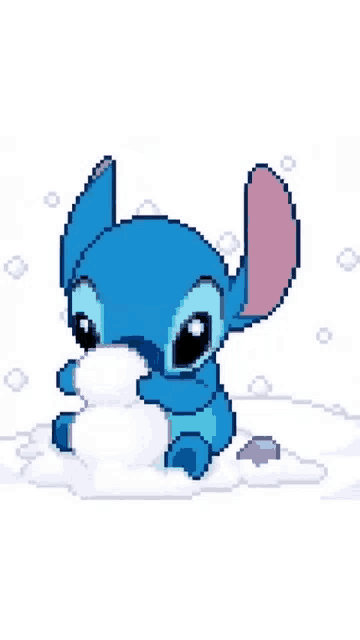 stitch is making a snowman in the snow in a pixel art style .