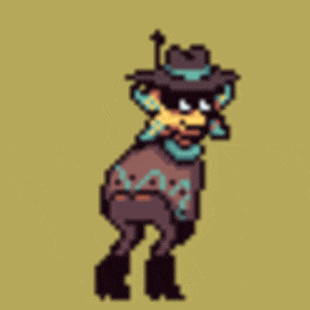 a pixel art of a cartoon character wearing a cowboy hat and sweater .