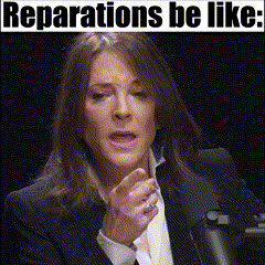 a woman speaking into a microphone with the words reparations be like