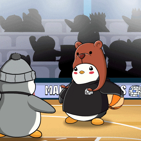 a cartoon of a penguin and a bear on a basketball court with the word mavs on the sidelines