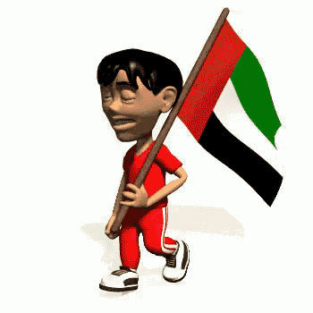 a boy in a red shirt is carrying a united arab emirates flag