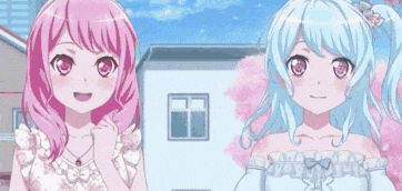 two anime girls with pink hair and blue hair are standing next to each other