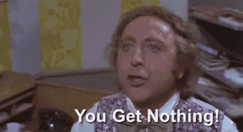 a man in a purple vest is making a funny face and saying you get nothing .