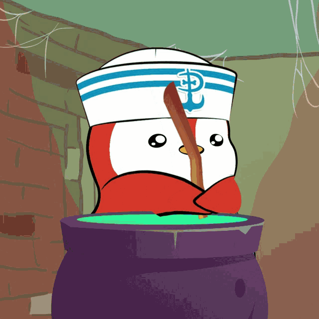a cartoon penguin wearing a sailor hat and holding a stick