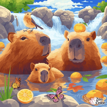 a painting of a family of capybaras in a waterfall