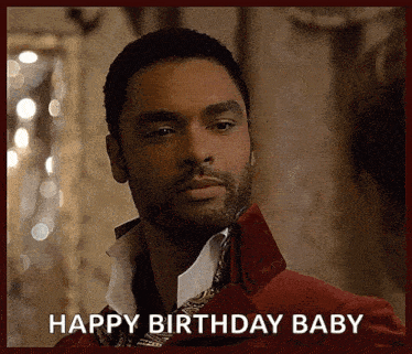 a man in a red jacket with the words happy birthday baby written below him