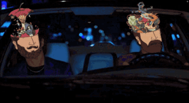a cartoon of two men in a car with one wearing a hat that says ' i love you ' on it