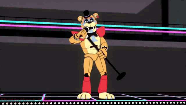 a teddy bear is standing on a stage with a microphone and a hammer .