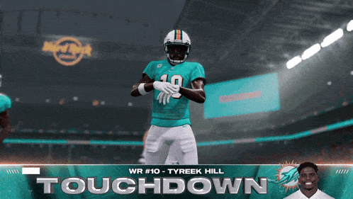 a football player with the number 10 on his jersey stands in front of a sign that says touchdown