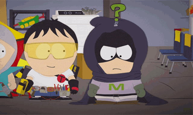 a cartoon character wearing a purple shirt with the letter m on it