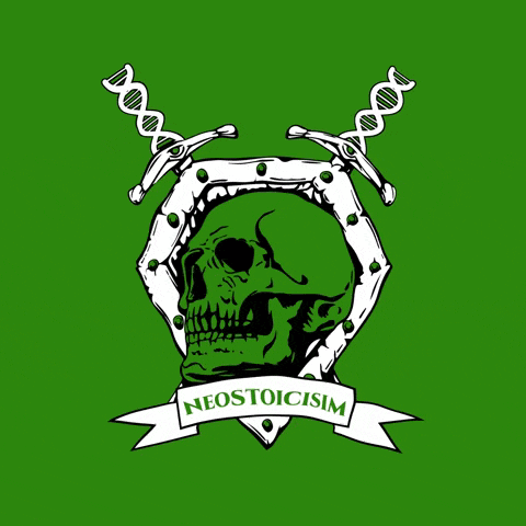 a green skull is surrounded by dna molecules and a banner that says neostoicisim