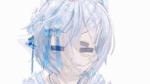 a close up of a 3d anime girl with white hair and a blue bow on her head .