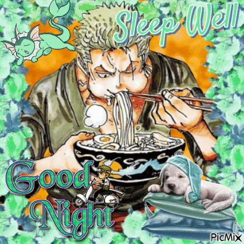 a picture of a man eating noodles with chopsticks with the words sleep well good night