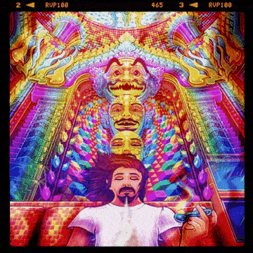 a psychedelic painting of a man smoking a cigarette with rup100 written on the bottom right