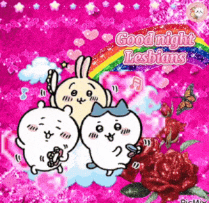 a cartoon of three rabbits and a cat with the words good night lesbians on a pink background .