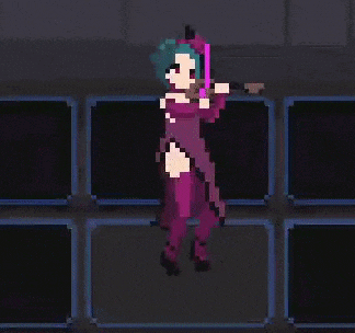 a pixel art of a girl with blue hair
