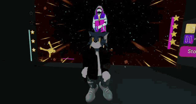a cartoon character is standing in front of a screen that says stop on it