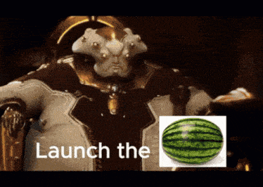 a video game character with a watermelon in front of him and the words launch the