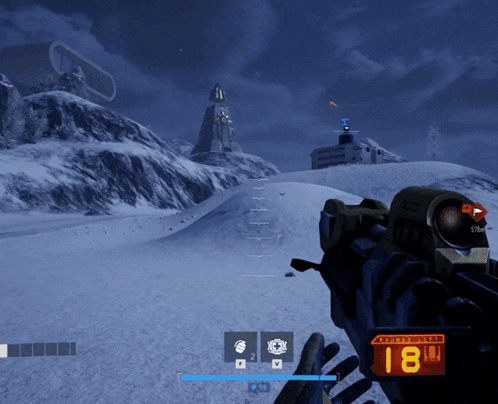 a person is holding a gun with the number 18 on the screen